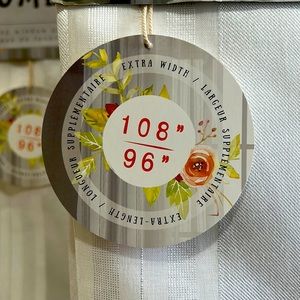 New. Extra wide, white with sheer stripe curtains.